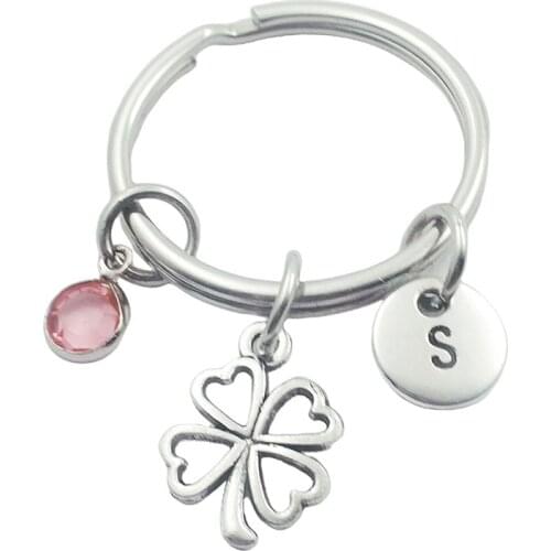 Four Leaf Clover Initial Letter Birthstone Keychains Keyring Creative Fashion Jewelry Women Gifts Accessories Pendant