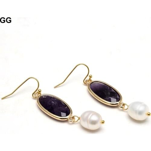 GG Jewelry Natural Cultured White Rice Pearl Bezel Set Purple Amethyst Gold Color Plated Hook Earrings Cute For Women