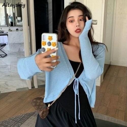 Basic Jackets Women French Style Simple Knitting Korean Coats All-match Lace-up Ladies Leisure Long Sleeve Chic Trendy Female