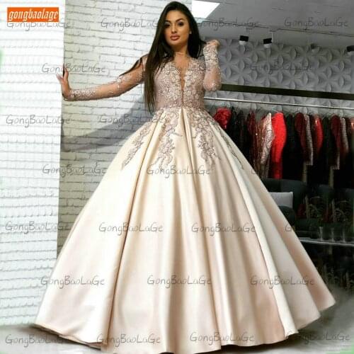 Fashion Champagne Prom Dresses Long Sleeves 2021 Vestido De Fiesta Largo Party Gowns Custom Made Vestidos Elegantes Para Mujer