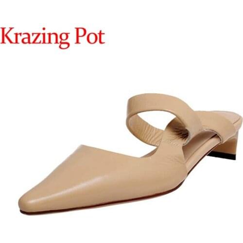 Krazing pot cow patent leather pointed toe med heels solid England style basic daily wear slip on summer mules sandals women L30