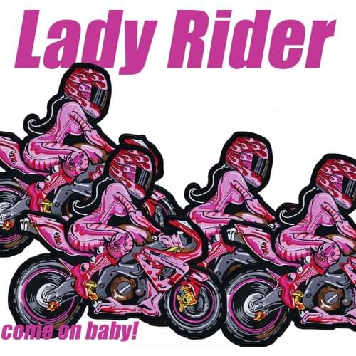 Iron Patches For Clothing Pink Biker With Pink Girl Rider Embroidered Iron On Back Of Jacket Patch Black Twill Fabric Custom DIY