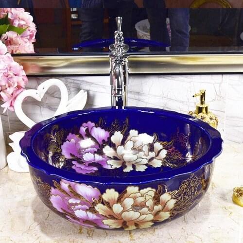 New design Handmade Europe Vintage Style Lavobo Ceramic Bathroom Countertop ceramic wash basin blue Bathroom Sink