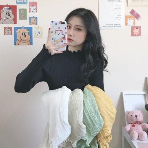 Autumn slim bottoming long-sleeved wooden ear knit half-high neck T-shirt