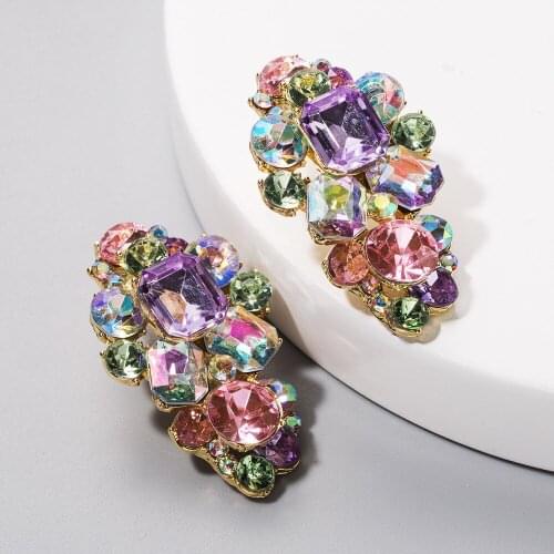 Luxury Women Pink Purple Square Drop Earring With Gold Earrings For Women Fashion Party Wedding Jewelry Free Shipping