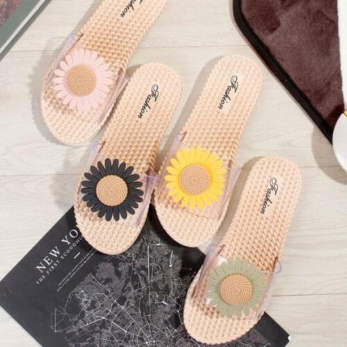 Women Summer Sunflower Grass-like Rattan Slippers Transparent Word Sandals Flat Shoes Bathroom Non-slip Slippers Beach Slippers
