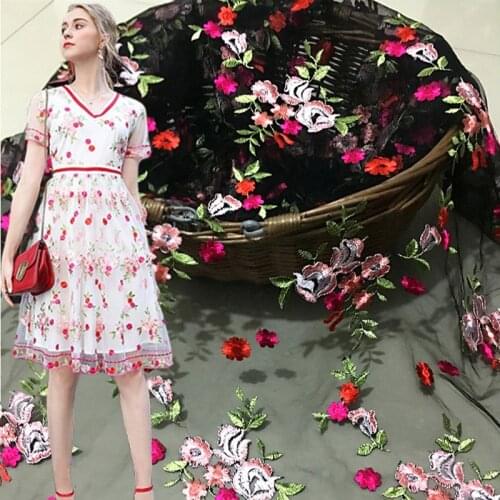1meter mesh lace fabric Three-dimensional multi-color embroidery flower clothing fabric High-grade dress skirt fabric
