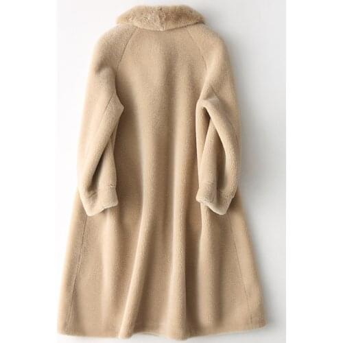 Real Fur Coat Women Mink Fur Collar Sheep Shearing 100% Wool Coat Female Long Womens Winter Luxury Jacket Suede KJ612