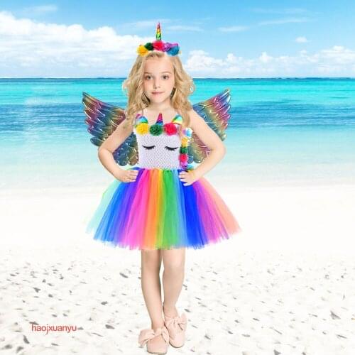 Unicorn Girls Dress Rainbow Ballerina Pettiskirt Fluffy Children Ballet Skirts for Party Dance Princess Costume Tulle Clothes