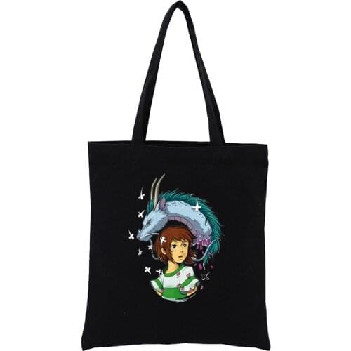 Totoro Studio Ghibli Miyazaki Hayao Spirit Away Handbags Shoulder Bags Casual Shopping Girls Handbag Women Elegant Black Canvas