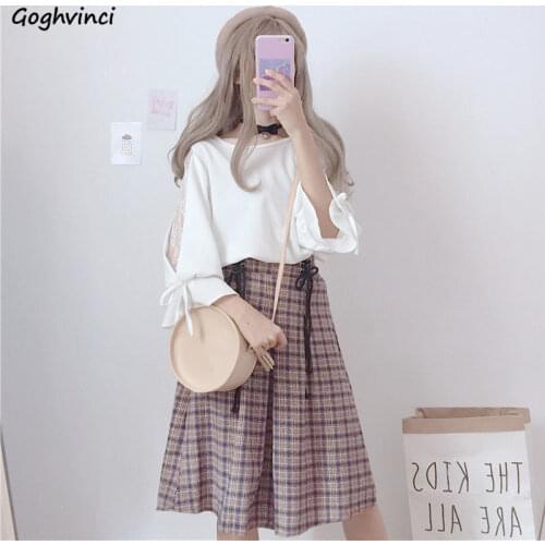 Women Sets Butterfly Sleeve Lace T-shirt Knee Length Plaid Skirt Japanese Lolita Bandage Tea Party College Student Doll Females