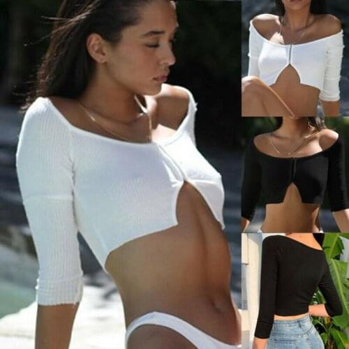 Womens Ribbed 3/4 Sleeve Buttons Crop Tops Ladies Short T-Shirts Cami Tee