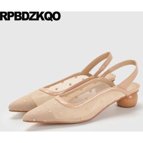 Pumps slingback thick mesh cheap low heels summer shoes pink size 4 34 suede 2019 polka dot yellow chunky ladies pointed toe new