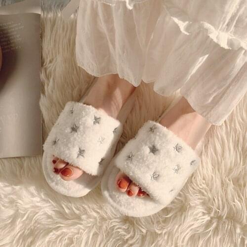 Women Winter Slipper Female Embroidery Star Soft Home Slippers Warm Household Plush Slippers Cotton Fashion Fur Sildes Shoes