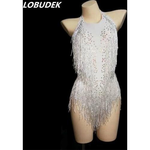 Sexy Backless Halter Bodysuit White Tassels Sleeveless Catsuits Bar Nightclub DJ Pole Dancing Stage Wear Fringes Women Costume