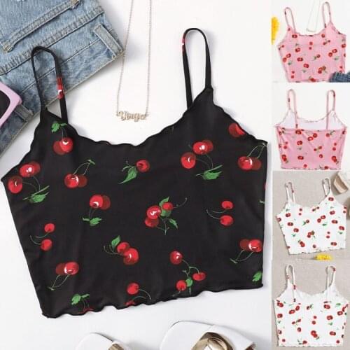 Women New Fashion Cherry Print Camis Vest Spring Ladies Summer Sleeveless Sexy Crop Tops Basic Camis Top
