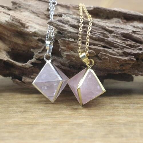 Natural Rose Quartzs Rhombus Pendants Gold/Silvery Chains,Pink Healing Crystal Necklace Women Jewelry Wholesale Dropship,QC3102