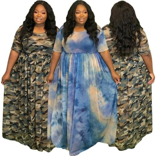 Summer Plus Size Dress for Women 4XL 5XL Long Maxi Tie Dye Camouflage Printed Vintage Elegant Loose Beach Chic Dresses Vestidos