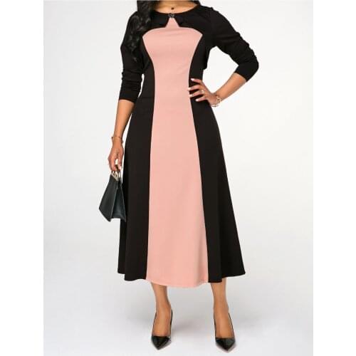 2021 plus size European and American spring and autumn round neck contrast long-sleeved sweet party dress