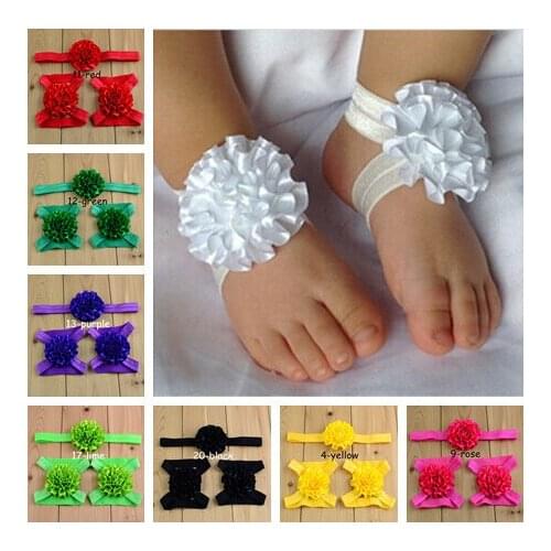 20 sets/lot Satin Ruffled Flower barefoot sandals with matching Ruffle Flower Headband
