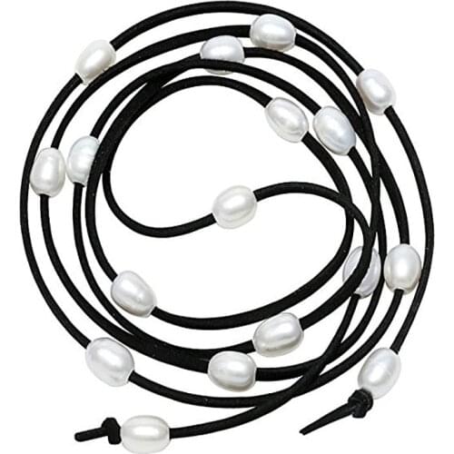 Long White Cultured Shell beads on Black Suede Leather Cord Wrap Necklace for Women