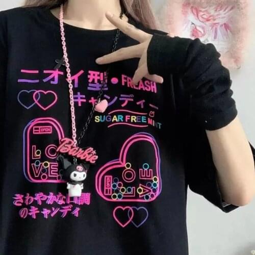 Summer INS Anime Cartoon Black Gothic T-shirt Japanese Streetwear Harajuku Kawaii Casual Tops Loose Oversized T-shirt Women Tops
