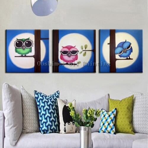 New Hand Painted Lovely Animal Oil Painting Hang Paintings Modern Cartoon Owl Picture For Living Room Decor Canvas Painting