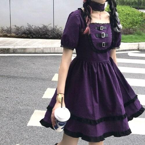 Japanese Harajuku Gothic Lolita Dress Summer Girls Sexy Party Purple Plaid Buttons Square Collar Lace Ruffles Women Mini Dresses
