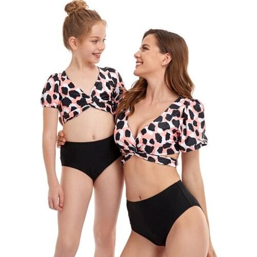 Summer Clothes for Women Mother Daughter Swimwear Leopard Pattern Printed Puff Sleeve Parent-child Suit Beach Bikini Swimsuit