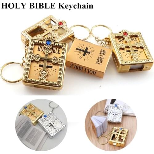 Gold and Silver color Mini HOLY Bible Keychain Religious Christian Jesus Cross Key Chain Women Prayer God Bless