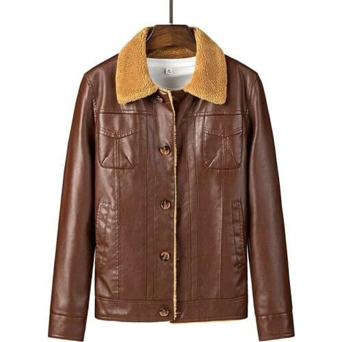 2022 Mens Autumn and Winter New Lapel Fleece-Lined Leather Jacket Loose Casual Handsome Trendy Fleece-Lined PU Leather Coat