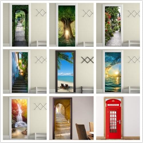 Scenery Vinyl Door Stickers Beach Decoration 3D Self Adhesive Home Design Wallpaper Living Room Mural Waterfall Fridge Decor