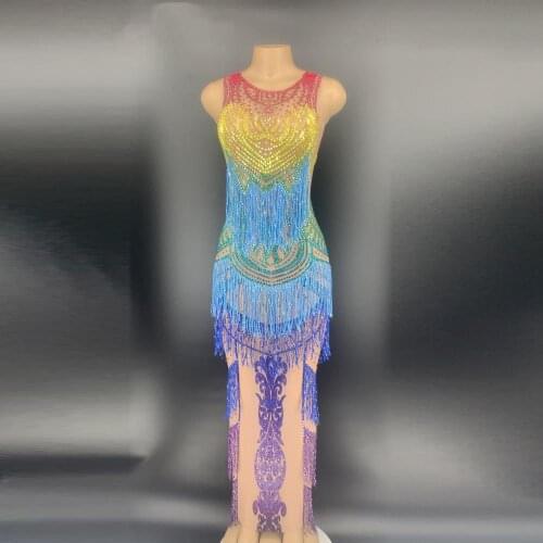 Transparent Colorful Rhinestones Fringes Dress Mesh See Through Crystals Dress Evening Birthday Celebrate Sexy Nightclub Dress