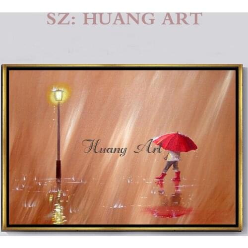 Hand-painted oil painting walking in the rain warm tone modern simplicity hallway corridor hanging decorative painting unframed