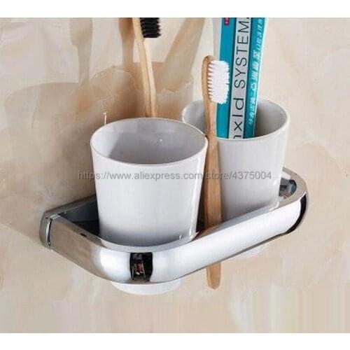 Modern Style Polished Chrome Wall Mounted Double White Ceramics Toothbrush Cup Bathroom Accessory Nba836