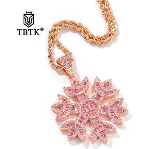 TBTK Fashion Women Baguette Pink Snowflake Shape Pendant Necklace Rose Gold Iced Bling Bling Cubic Zirconia Hiphop Jewelry