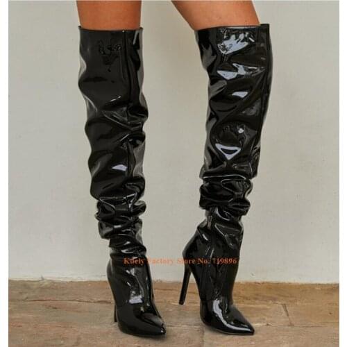 Bright Patent Leather Women Over The Knee Slouchy Boots Pointy Toe High Heel Shoes Thigh High Long Boot Ladies Fashion Winter