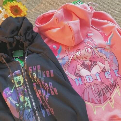 Vintage Anime Print Oversized Hoodies Female Zip Up Long Sleeve Womens Sweatshirt Y2K Aesthetic Kawaii Winter Grunge clothing