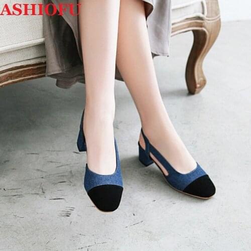 ASHIOFU Wholesale New 2020 Ladies Block-heeled Sandals Denim Leather Party Prom Slingback Dress Shoes Evening Fashion Sandals