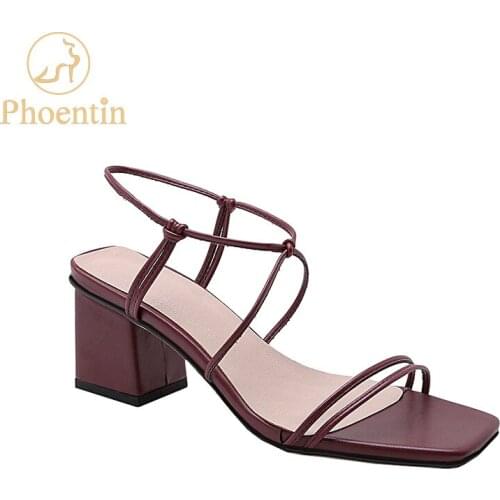 Phoentin narrow band women sandals 2019 slip on pu leather woman shoes luxury plus size high heels wine red chunky sandals FT685