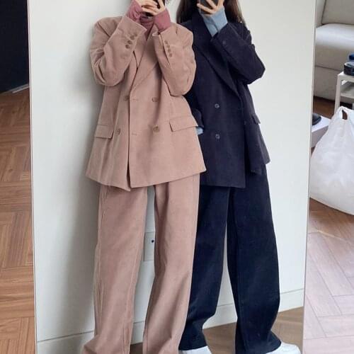Womens Office Suit Vintage Double Breasted Corduray Blazer and Straight Pants Two Pieces Set For Ladies
