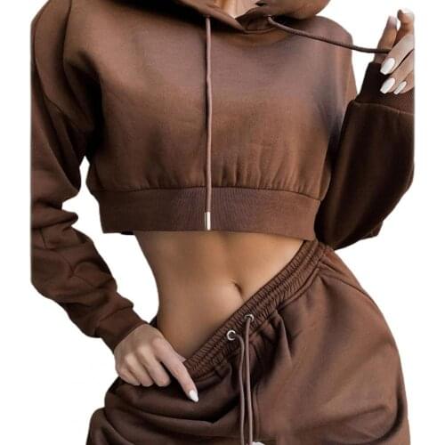 1 Set Hoodies Pants Set Hooded Drawstring Women Long Sleeve Crop Top Hoodies Pockets Trousers for Sports