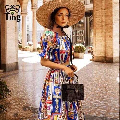 Tingfly Fashion Summer Vintage Floral Slash Short Blouses Tops & A Line Skirts Women 2 Pieces Dress Sets Street Casual Outfits