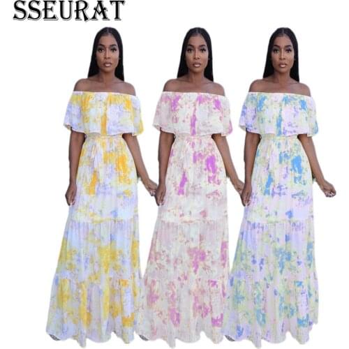 SSEURAT Women Long Dress Ruffles Short Sleeve Slash Neck Print Maxi Dresses Sexy Fashion Streetwear Summer Outfits 2021