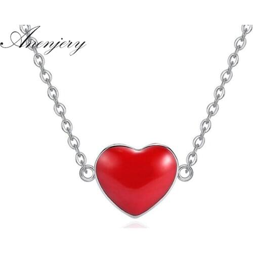 ANENJERY 925 Sterling Silver Necklace For Women Girl Lucky Double-sided Red Heart Pendant Necklace choker S-N198