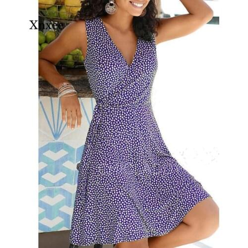 New Summer Womens Casual Polka Dot Dress Ladies V-Neck Sleeveless Bandage Beach Dress Summer Bohemian Dress for Women