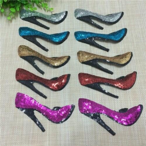 6 Pairs High heels sequins patch embroidery fabric applique Iron on clothing patches 13.5cm*6cm 6 pcs/lot