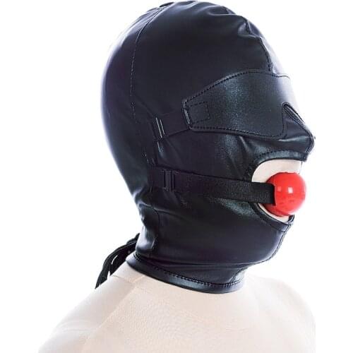 Adult PU Leather SM Fetish Hood with Eye Patch and Ball Gag Head Bondage Restraint Sex Products