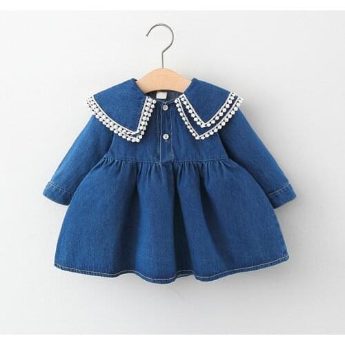 Toddler Girl Jeans Dresses Baby Girl Dresses Denim Long Sleeve Turn-down Collar Infant Autumn Clothing Girl Fall Clothes