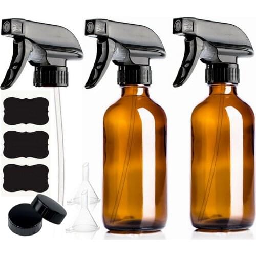 2 Pack 250ml Empty Amber Glass Spray Bottle with Trigger Sprayer & Chalkboard Labels for Essential Oils Cleaning Products 8 Oz